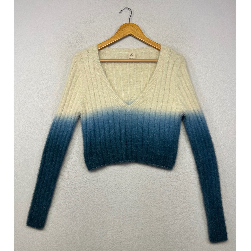 Indie Ombre Urban Outfitters Womens Size M Blue Cream Cropped V-Neck Sweater